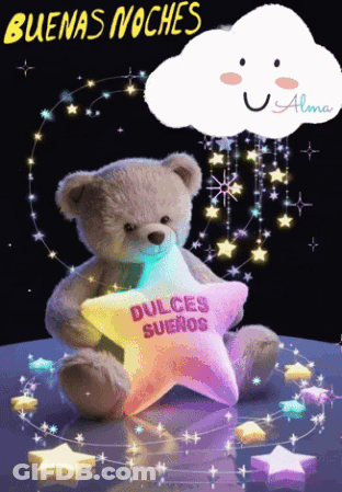 A Teddy Bear Holding A Star That Says " Dulces Sueros " GIF