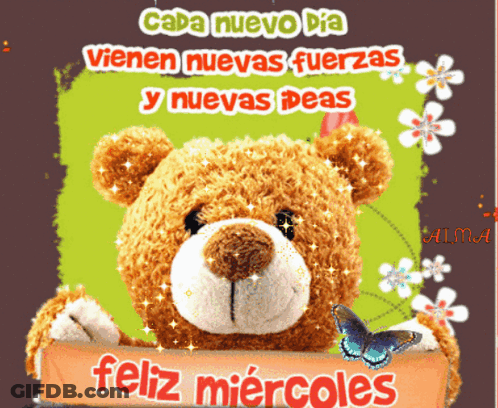 A Teddy Bear Holds A Sign That Says Feliz Miercoles GIF
