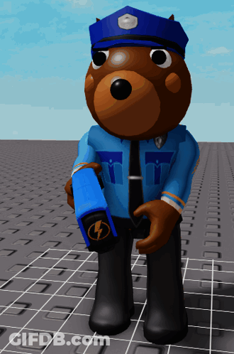 A Teddy Bear In A Police Uniform Holds A Blue Lightning Bolt GIF