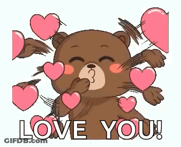 A Teddy Bear Is Blowing A Kiss With Hearts Coming Out Of His Mouth . GIF