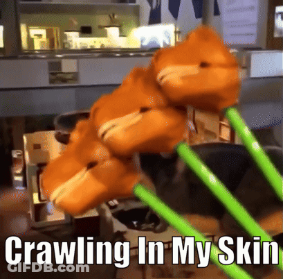 A Teddy Bear Is Crawling On A Green Pole With The Words Crawling In My Skin Below It GIF