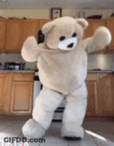 A Teddy Bear Is Dancing In A Kitchen In A Tiktok Video . GIF