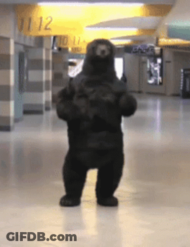 A Teddy Bear Is Dancing In Front Of A Yellow Sign That Says 11.12 GIF