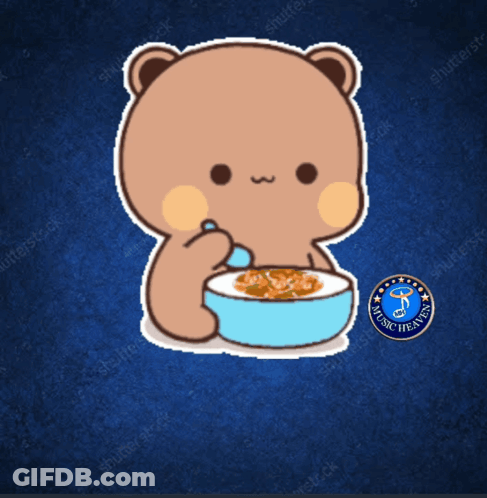 A Teddy Bear Is Eating From A Bowl With The Words Dinner Time Written Below It GIF