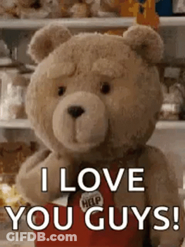 A Teddy Bear Is Holding A Bag Of Chips And Says `` I Love You Guys '' . GIF