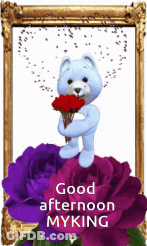 A Teddy Bear Is Holding A Bouquet Of Purple Roses And Says Good Afternoon Myking GIF