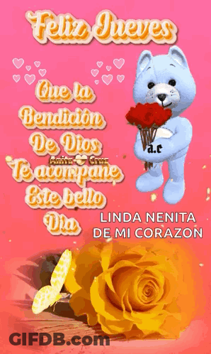 A Teddy Bear Is Holding A Bouquet Of Red Roses And Says Feliz Jueves GIF