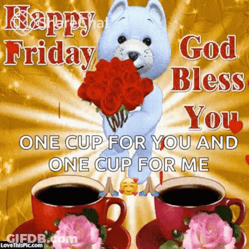 A Teddy Bear Is Holding A Bouquet Of Red Roses Next To Two Cups Of Coffee And Flowers . GIF