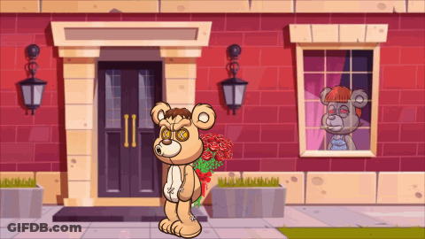 A Teddy Bear Is Holding A Bouquet Of Roses In Front Of A Building GIF