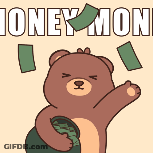 A Teddy Bear Is Holding A Bucket Of Money And The Words Oney Mone Are Above It GIF