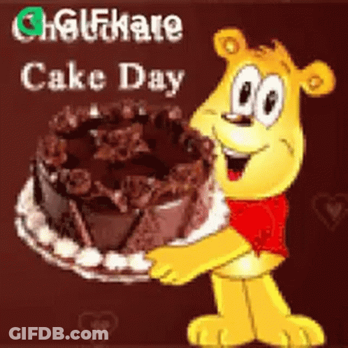 A Teddy Bear Is Holding A Chocolate Cake In His Hands . GIF
