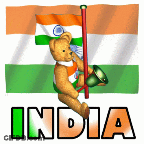 A Teddy Bear Is Holding A Flag In Front Of A Flag That Says India GIF