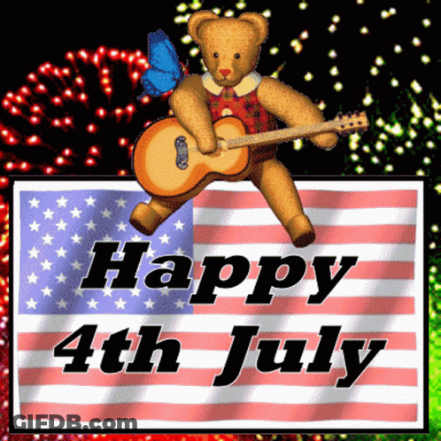 A Teddy Bear Is Holding A Guitar In Front Of A Sign That Says " Happy 4Th July " GIF