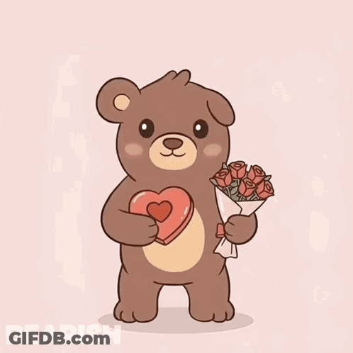 A Teddy Bear Is Holding A Heart And Roses In Its Paws GIF