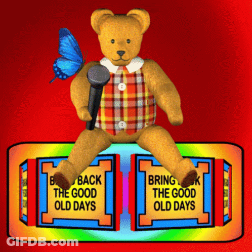 A Teddy Bear Is Holding A Microphone While Sitting On A Sign That Says Bring The Good Old Days GIF