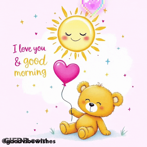A Teddy Bear Is Holding A Pink Heart Shaped Balloon With The Words I Love You And Good Morning GIF