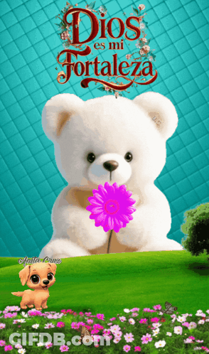 A Teddy Bear Is Holding A Purple Flower With The Words Dios Es Mi Fortaleza Written Above It GIF