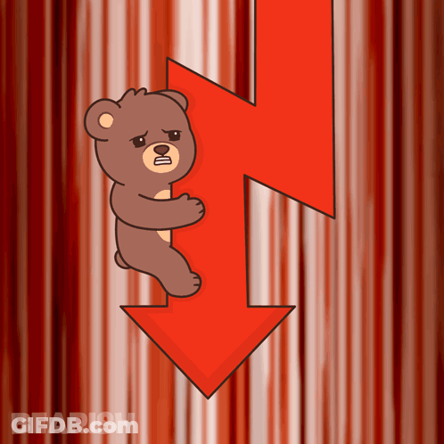 A Teddy Bear Is Holding A Red Arrow Pointing Down With The Word Bearish Below It GIF