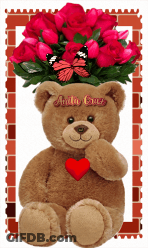 A Teddy Bear Is Holding A Red Heart In Front Of A Bouquet Of Pink Roses With Anita Cruz Written On It GIF