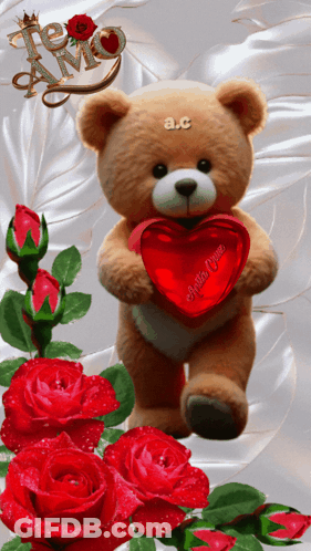 A Teddy Bear Is Holding A Red Heart With The Name A.c. On It GIF