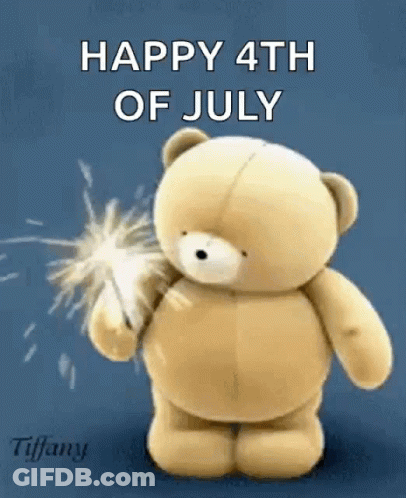 A Teddy Bear Is Holding A Sparkler With The Words Happy 4Th Of July Written Above It GIF