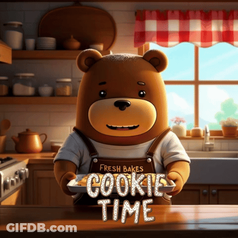 A Teddy Bear Is Holding A Tray Of Cookies With The Words Cookie Time Written On It GIF