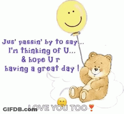 A Teddy Bear Is Holding A Yellow Balloon With A Smiley Face GIF