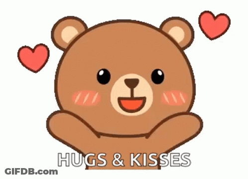 A Teddy Bear Is Hugging And Kissing With Two Hearts Around It . GIF