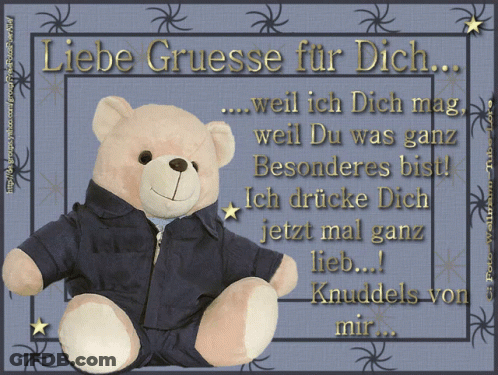 A Teddy Bear Is On A Card That Says Liebe Gruesse GIF