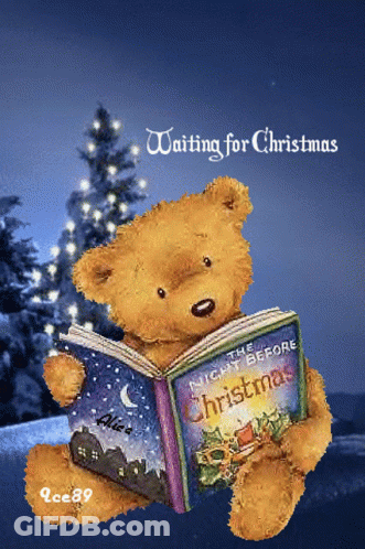 A Teddy Bear Is Reading A Book Called The Night Before Christmas GIF