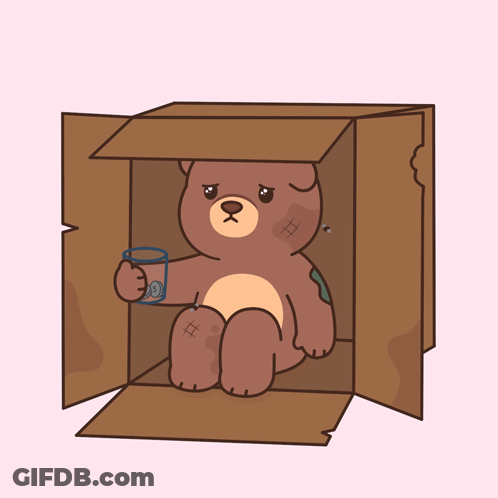 A Teddy Bear Is Sitting In A Cardboard Box Holding A Glass Of Water GIF