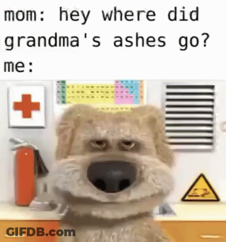A Teddy Bear Is Sitting In A Kitchen With A Fire Extinguisher And A Red Cross . GIF
