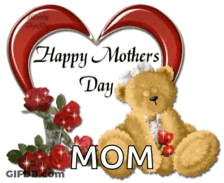 A Teddy Bear Is Sitting In Front Of A Heart That Says Happy Mother 'S Day Mom GIF
