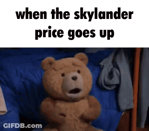 A Teddy Bear Is Sitting On A Bed With The Words " When The Skylander Price Goes Up " GIF