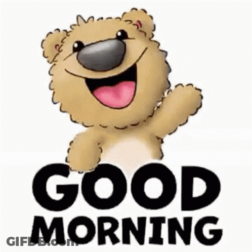 A Teddy Bear Is Smiling And Waving With The Words `` Good Morning '' Behind It . GIF