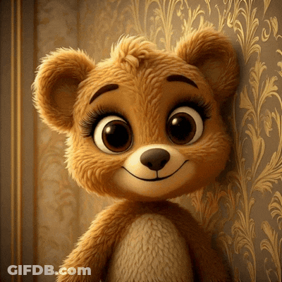 A Teddy Bear Is Smiling In Front Of A Gold Wallpaper GIF