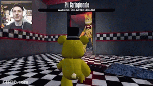 A Teddy Bear Is Standing In A Room With A Checkered Floor And A Man In A Video Game . GIF