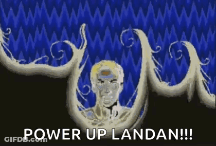 A Teddy Bear Is Standing In Front Of A Blue And Red Background With The Words `` Power Up Landan ! '' GIF