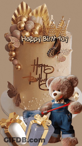 A Teddy Bear Is Standing In Front Of A Cake That Says Happy Birthday On It GIF