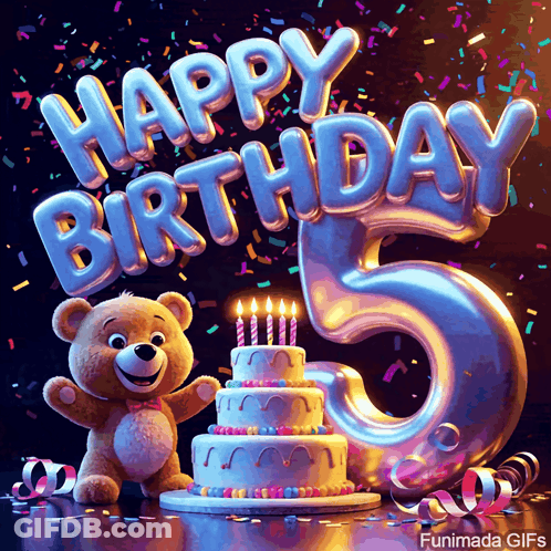A Teddy Bear Is Standing Next To A Birthday Cake With Lit Candles And Balloons That Say Happy Birthday GIF