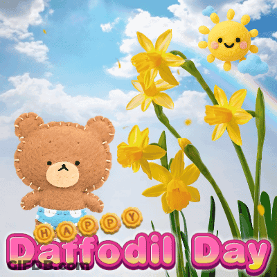 A Teddy Bear Is Standing Next To A Bunch Of Yellow Flowers With The Words Happy Daffodil Day GIF