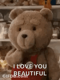 A Teddy Bear Is Standing Next To A Shelf And Says `` I Love You Beautiful '' . GIF