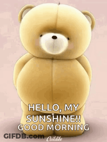 A Teddy Bear Is Standing On A Pink Background And Says `` Hello , My Sunshine ! Good Morning '' GIF