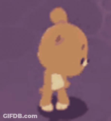 A Teddy Bear Is Standing On A Purple Background And Smiling . GIF