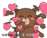 Kissing Teddy Bear Surrounded By Pink Hearts GIF
