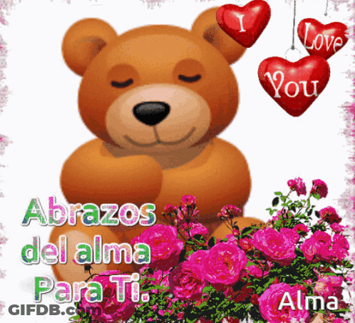 A Teddy Bear Is Surrounded By Pink Roses And A I Love You Heart GIF