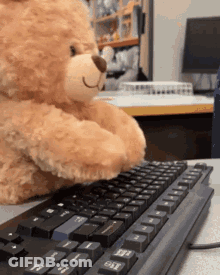 A Teddy Bear Is Typing On A Keyboard With The Shift Key On The Right Side GIF