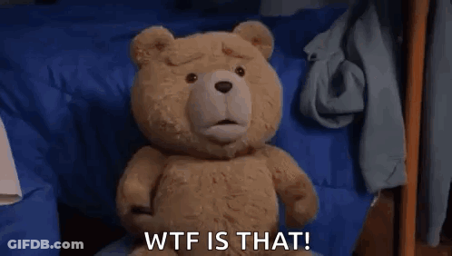 A Teddy Bear Is Walking On A Rug In A Room With The Words `` Wtf Is That '' . GIF