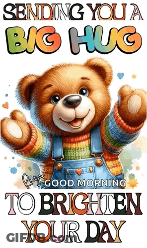 A Teddy Bear Is Wearing A Colorful Sweater And Overalls . GIF