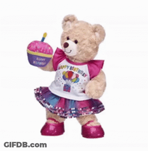 A Teddy Bear Is Wearing A Happy Birthday Shirt And Holding A Cupcake GIF